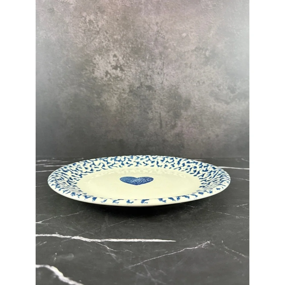 VTG Tienshen Folk Craft Hearts Blue White Spongeware 10 3/8in Dinner Plate READ